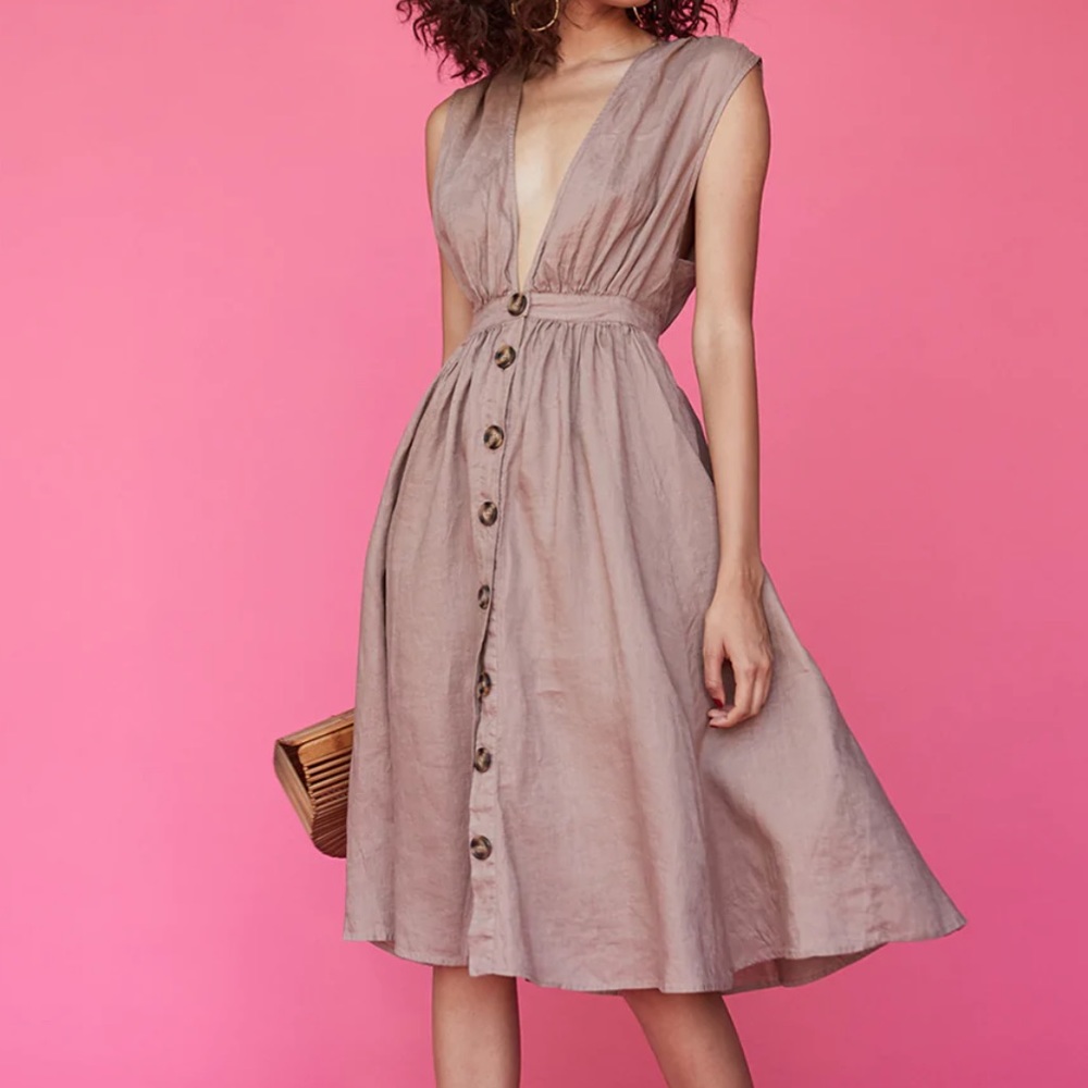 LPA Shirred Button Up Dress - Taupe / Khaki